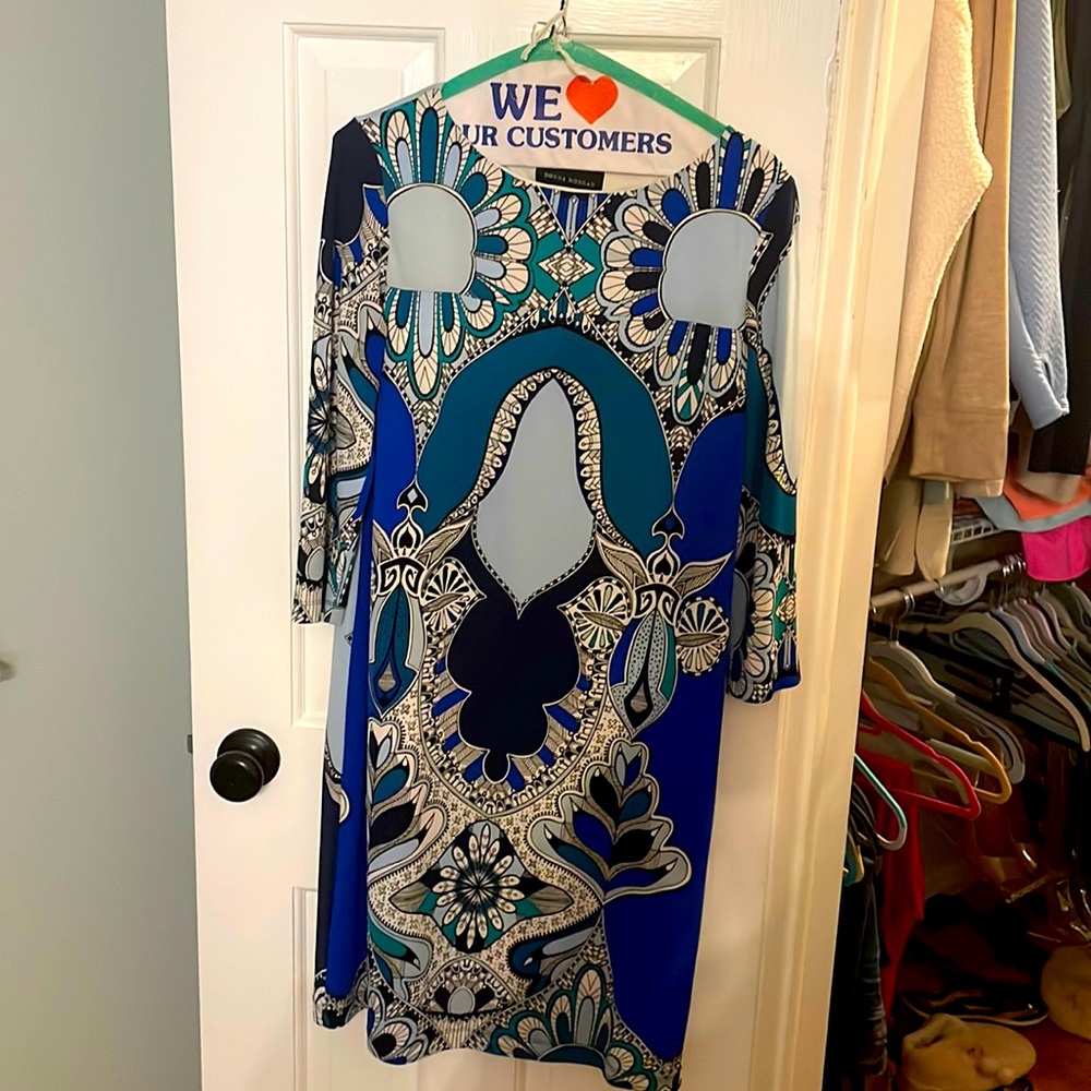 Navy Patterned 3quarter sleeve dress size 12